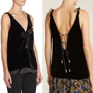 Altuzarra Gemma Tie Velvet Tank Top Black Size Silk Blend Bow Beaded 40 / 8 NWT
